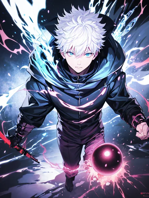 satoru gojo (jujutsu kaisen), satoru gojo using small red sphere power, 6 path eyes, glowing light blue eyes, full body, grandeu...