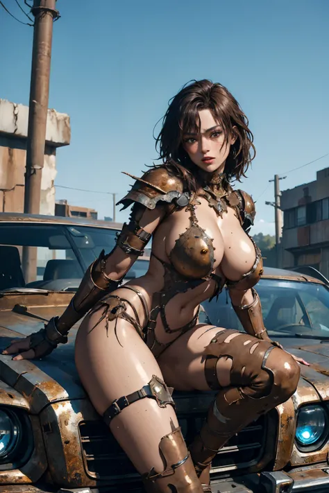 Beautiful Alluring Female Dystopian Knight jenna ortega, oily gritty Skin, Athletic Well Toned Body, Rusty Scrap Metal Ornaments, bikini armor made of car parts and scrap metal, Dystopianpunk Theme, Dieselpunk, laying on top of a car, Beautiful D&D Charact...