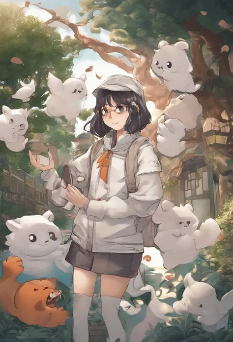 There is a cartoon character holding a group of ghosts, concept art by Kanbun Master, pixiv contest winner, Furry art, Detailed fanart, official fanart, [ Character design ], lovely art style, danbooru and artstation, Cute detailed digital art, 🍁 Cute, wis...