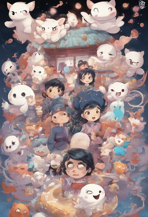 There is a cartoon character holding a group of ghosts, concept art by Kanbun Master, pixiv contest winner, Furry art, Detailed fanart, official fanart, [ Character design ], lovely art style, danbooru and artstation, Cute detailed digital art, 🍁 Cute, wis...