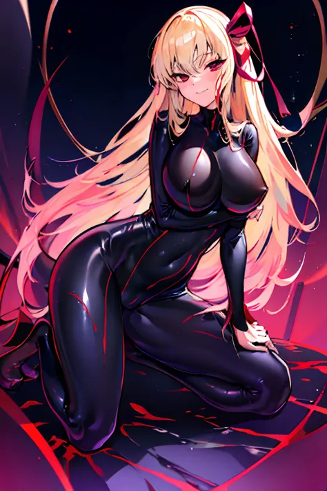 Carefully draw the face　High-quality faces in anime style　a blond　Shiny black full body suit　Red lines all over the body　huge tit　Big ass　Whip thighs　seductiv　a smile　succubus　Rubbing your buttocks with your hands