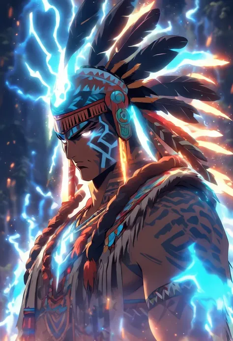 ((Indigenous God))) best quality, very high resolution, 4K detailed CG, master piece, Tupã, Indigenous God, Indigenous headdress, lightning, thunder, standing pose, indigenous clothing, Amazon, Brazil, aesthetics, beautiful image, centered on screen,full b...