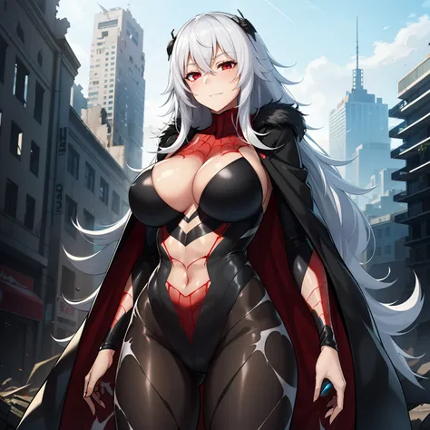 1girl,gigantic breasts,standing in ruined city,(8k),scratches,detailed face,white hair,red eyes,long hair,embarassed,small smile face,high_res, high_definition,the battlefield,Heroic pose,dark suit,(symbiote spider man Custome:1.1),