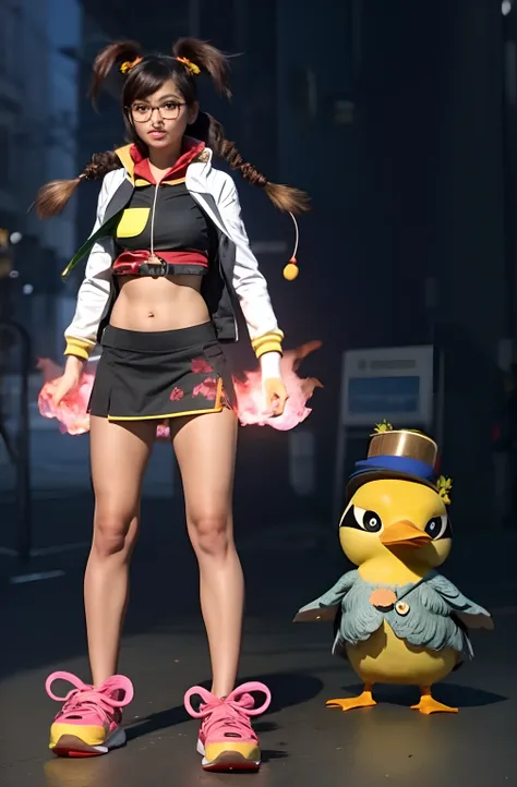 araffe and a girl in a short skirt with glasses, fire on hands and a duck with jacket, rabbit shoes