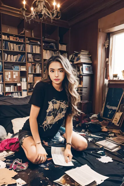 a girl with a disarrayed life, chaotic room,dark color scheme,overwhelming clutter,lots of papers and books,random objects scatt...