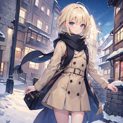 Masterpiece, 1 girl, smiling, european, winter coat, scarf, skirt, (small) chillerism, short blonde hair, alpine village