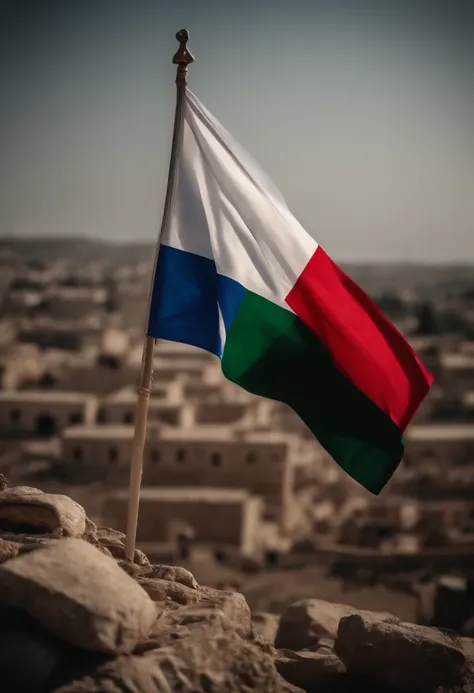 Flag of Israel and Palestine　Airstrike footage in the background