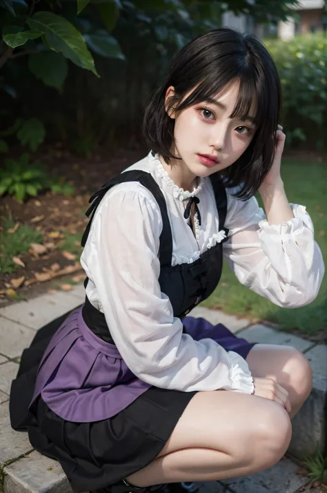 One Woman,Gothic Lolita in black and fluorescent purple,wariza,Petanko sitting,Cute face,Big eyes,Cool Face,Purple shorthair,Looking at Viewer,plein air,masutepiece, extremely fine and beautiful,Photorealistic,Japanese