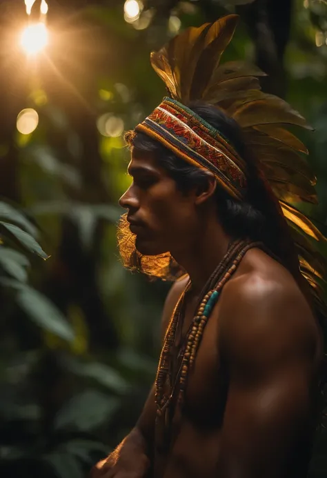 "A 22-year-old indigenous Brazilian, cabelos escuros e curtos, retratado dos ombros para cima. Hes distracted, in profile with his face turned upside down looking at the dense Amazon jungle in front of him. Their expression reflects curiosity and contempla...