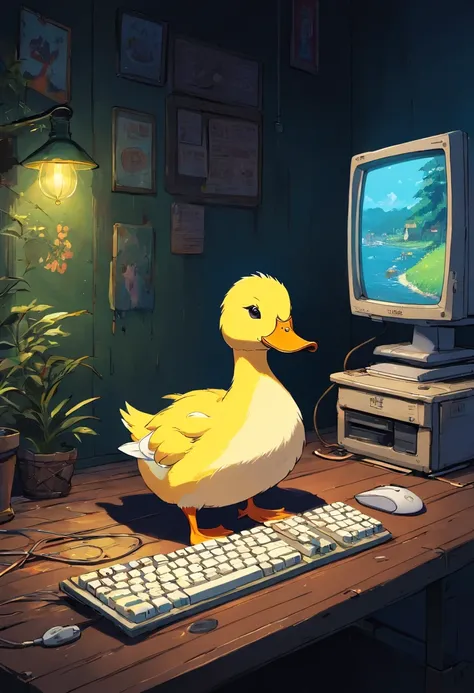 A duck streaming a game on a computer and keyboard and mouse in a very dark room.