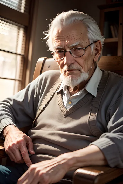 portrait of an old man sitting in a chair facing the camera