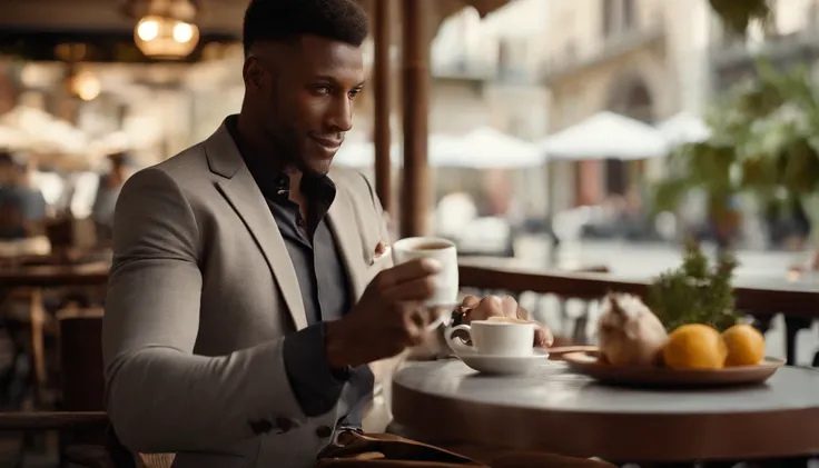 model, macho, pele escura, medium-length hair, olhos castanhos escuros, Tshirt preta, Formal Brown Pants, sapatos pretos formais, Enjoy a cup of coffee, Outside the café, meio-dia, VPO 1:5, very realistic, Realistic