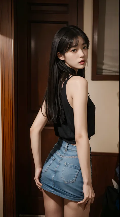 １９Year old woman, Being slapped the ass by his father, Midnight, in a house, Shout, Midnight, ​masterpiece, Realistic, Korea person, Well-formed appearance, hightquality, Clean clothes, Slender body, Woman Rolled Up Her Skirt by Her Father