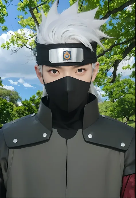 Real life adaption of this character, ((Korean teen handsome face)), Realistic eyes,((realistic detail white hair)),((wear realistic black headband with iron plate)), ((realistic same outfit with same iron armor)), hyper realistic, realism, realistic light...