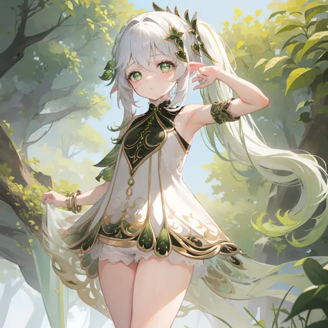 Nahida, 1girl, white hair, high quality, best quality, masterpiece, (highly detailed:1.2), (extremely detailed:1.3), flat chest, string ribbon, high-waisted skirt, blouse, bare shoulders, armpits