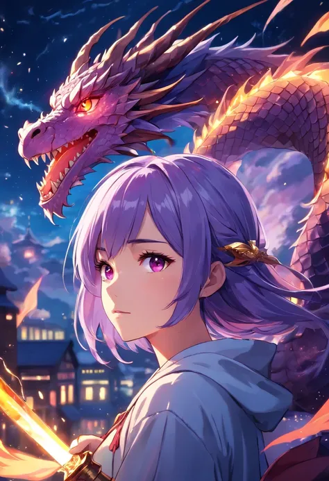 masterpiece, best quality ultra-realistic mix fantasy,(1 giant eastern dragon:1.3) behind an asian woman holding a glowing sword,void energy diamond sword, in the style of dark azure and light azure, mixes realistic and fantastical elements, vibrant manga,...