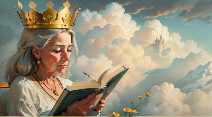 [Realistic painting of 50-year-old woman reading a book wearing a gold crown in the clouds of heaven]