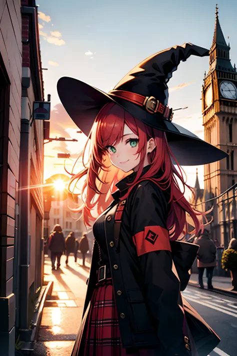 Girl, red hair, green eyes, smiling, pale clothes, scabies on face, witch hat, black hat, brown jacket, girls modern style,  red plaid skirt, in a city in Europe, British country, Clock tower in the background, 4k, Sunset