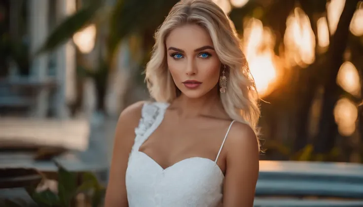 realistic white female instagram influencer, best quality, blonde, 1 girl, blue eyes, in white tight short dress