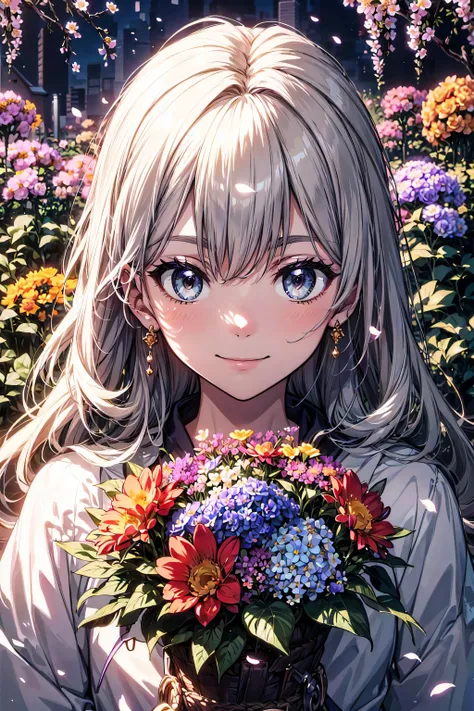 absurdres, highres, (official art, beautiful and aesthetic:1.2), (close view:1.2), Front composition, 
1girl, (long hair:1.2), gray hair, wavy hair, smile, 
(all over the flower garden:1.6), (Flower Effects:1.2), (Floral Background:1.2), (Background filled...