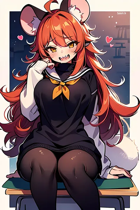 1mouse girl, long fluffy red hair, sharp teeth, shy, blushing, hair covers eyes , yellow turtleneck sweater, black tights, yellow eyes, school, student