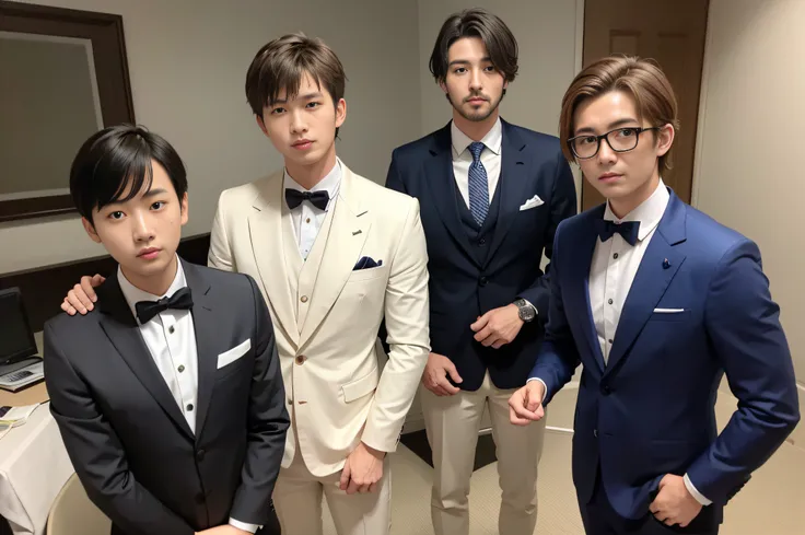 23years old、Men in Japan、1人、businessman、Standing with arms crossed、Confident face、Ultra-luxury suits、Striped suit、　s Office、Wearing a suit、twinks、（Highly detailed photos in 8K）、（Very detailed handsome man）、beautidful eyes、Photo Real、（top-quality）、ultra-det...