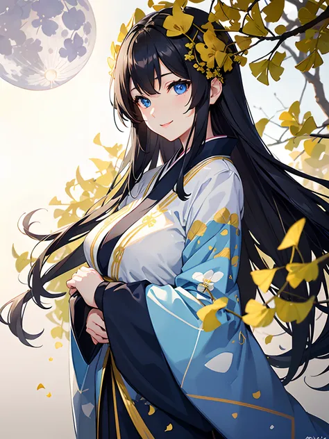 blue eyes、A dark-haired、Kimono in tricolor color、18 only、In a row of ginkgo trees、natta、a moon、 A hyper-realistic, 8K, Extremely detailed, in the best quality,A sexy、voluptuous breasts、cute smile face