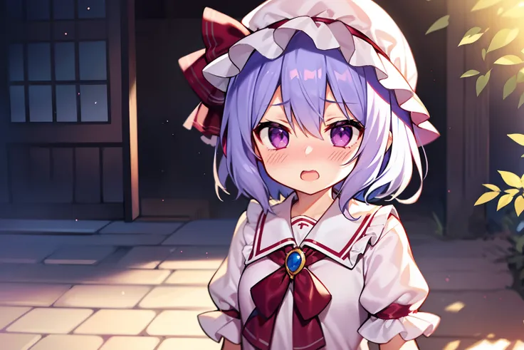 One girl、remilia scarlet、close range、beautiful countenance、purple color  hair（Highlights in the eyes）、embarrassed from、blushed face、suprised、Open mouth、Petite、shortsleeves、staring directly at camera、Hats