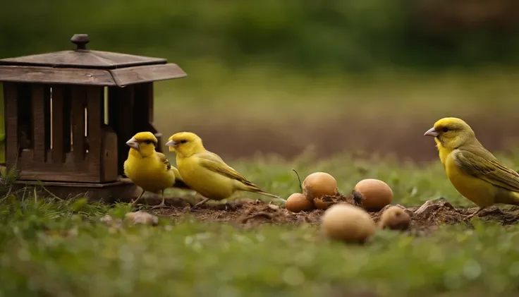 Several canaries eating on the ground with other birds