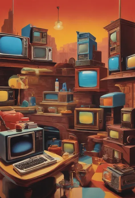 The three-dimensional 1980s TV occupies most of the screen, surrounded by some products of the same era, playful style, virtual city, Pixar style