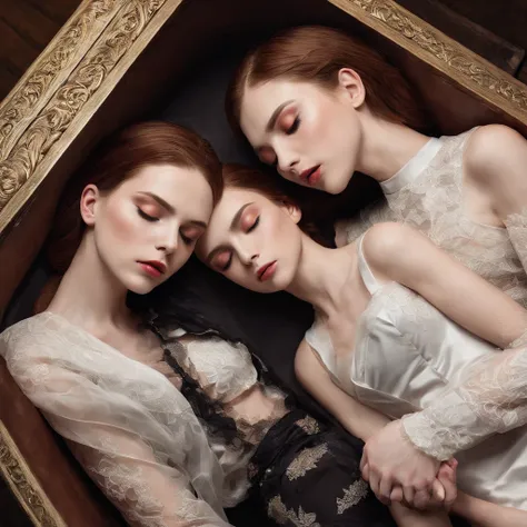 Twin sisters sleeping in a coffin