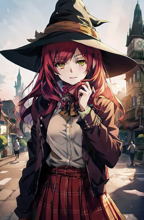 Anime girl in a witch hat and plaid skirt, jaqueta de piloto marrom,  em uma rua da cidade, visual anime de uma menina bonito, estilo anime 4K, retrato bonito do anime, menina anime retrato, trending on artstation pixiv, Retrato de uma garota de anime, Dig...