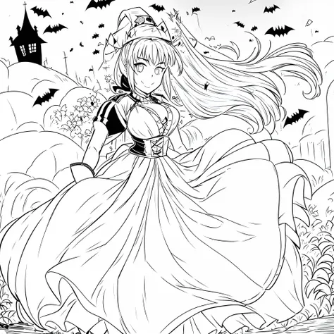 artoria pendragon, (halloween:1.2), lineart, monochrome, masterpiece, best quality, 1girl, solo, long_hair, looking_at_viewer, s...