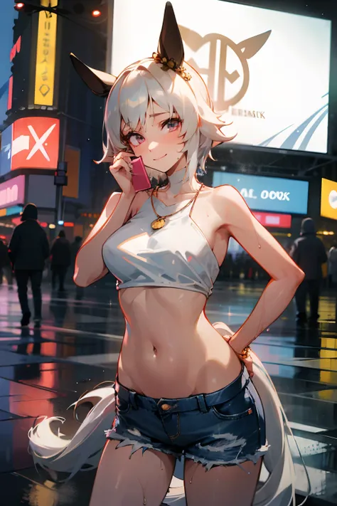 nsfw, masterpiece, 1 girl, , navel, intricately detailed, topless, new york times square, night, neon lights, crossing, crowd, navel, necklace, holding smartphone, denim shorts, smiling, extremely detailed, photorealistic, octane render, 8 k, unreal engine...