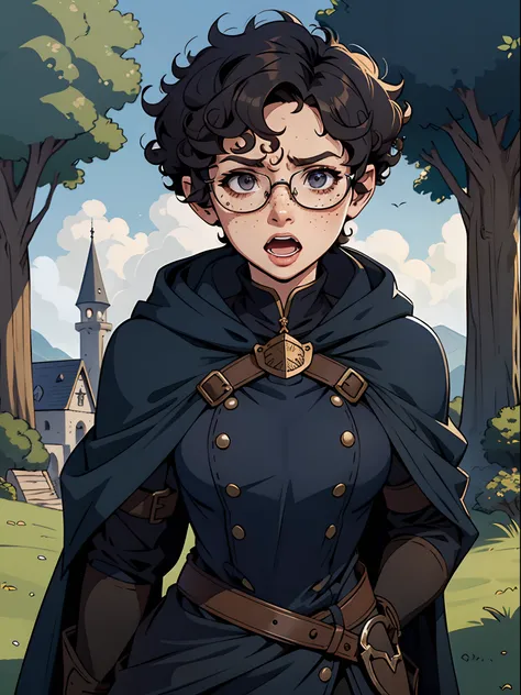 Solo, female, open mouth, terrified, glasses, (((short hair, curly hair))), black hair, (knight), fantasy village, tunic, (navy cloak), freckles