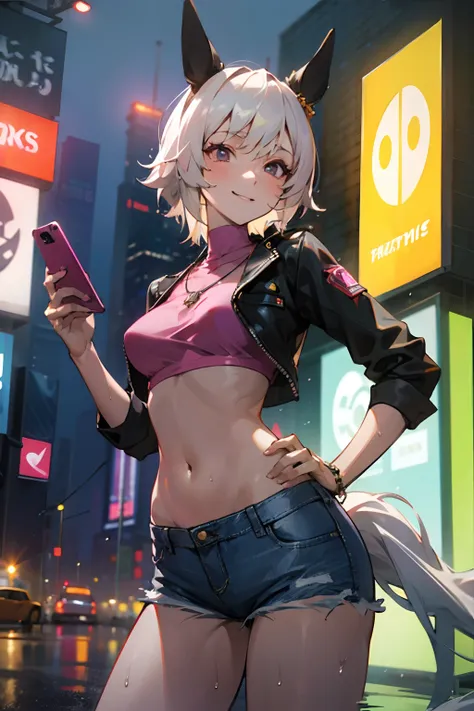 nsfw, masterpiece, 1 girl, , navel, intricately detailed, topless, new york times square, night, neon lights, crossing, crowd, navel, necklace, holding smartphone, denim shorts, smiling, extremely detailed, photorealistic, octane render, 8 k, unreal engine...