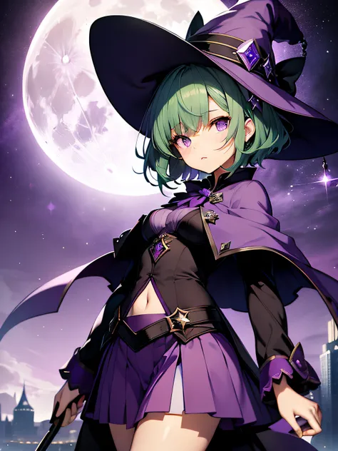 top-quality、extremely delicate and beautiful、(A teenage girl)、Purple Eye、Green hair、short-haired、(purple witch hat)、Purple tie、Soio、shortsleeves、Purple skirt、Purple Wizard Robe、Navel、is standing、Full moon night on background