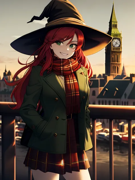 Girl, red hair, green eyes, smiling, pale clothes, scabies on face, witch hat, black hat, brown jacket, girls modern style, green scarf, red plaid skirt, in a city in Europe, British country, Clock tower in the background, 4k, Sunset