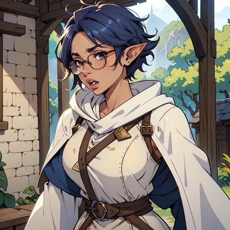 ((Solo)), female, glasses, ((messy hair, short hair)), indigo hair, elf ears, big lips, thick lips, open mouth, fantasy village, freckles, ((tan skin)), knight, white tunic, navy cloak, fully dressed, modest clothing