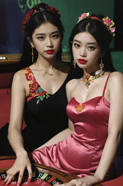 (mutiple whores:1.4),(portrait of two whores:1.4),a photo of two whores in see-through cheongsam,embroidery pattern,smoking,stroking,leering,in 19th century retro gambling casino,sitting on the roulette table,Jade bracelet,ear pendants,Mist shrouded in mis...