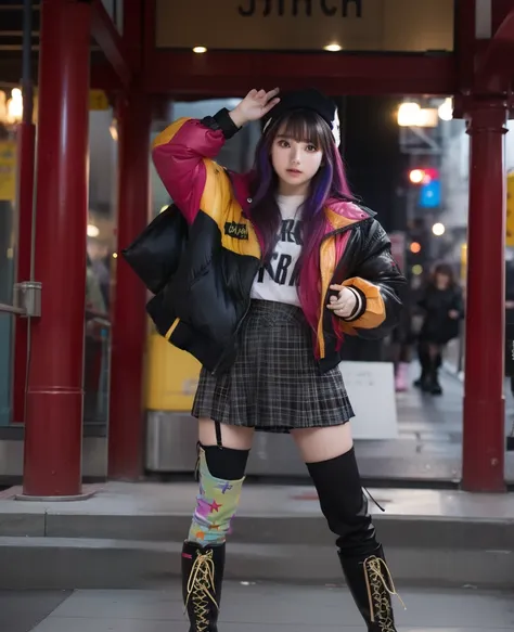 infp young woman、good style、colorful hair、colorful fashion、idol face、large full breasts、jaket、a miniskirt、colorful tights、long b...