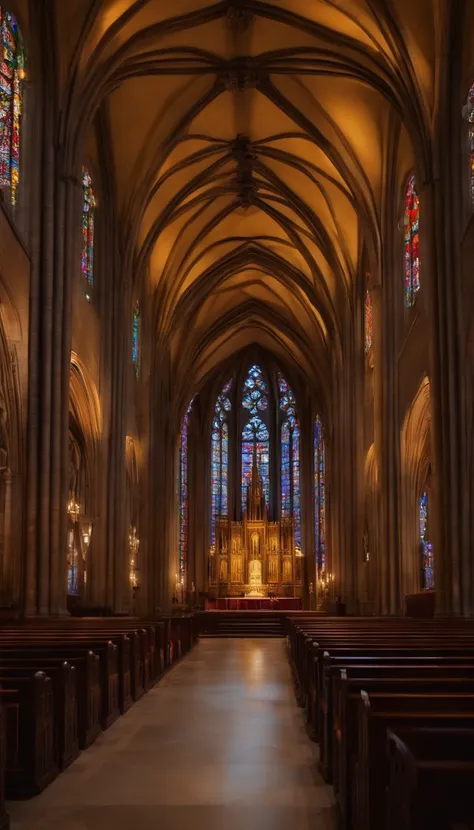 Ambiente realista de uma catedral escura, com luzes passando por vitrais coloridos. Ao centro, um piano