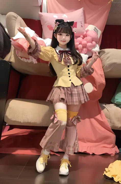 Idol in a ruffled idol costume、large full breasts、beautiful foot、、、Good Style、、、Dark yellow tops、、Pink miniskirt on purpose、Cute look、Large Hair Ribbon、knee sox、Vivid Color