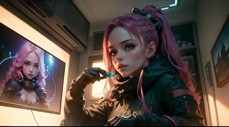 Nicole, uma hacker, garota jovem, cabelos roxos, corpo inteiro, ((Outside the spacecraft)), ((on the exotic surface of the planet Chronos)), trying to manipulate his communication device with the spacecrafts AI and failing to make contact. estilo cyberpunk...