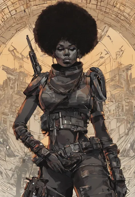 there is a woman in a corset holding a gun, vector art by Mustafa Rakim, Artstation, afrofuturism, black woman, afro, afro futurism, pretty samurai with afro, afro futuristic, afrofuturistic, a black dieselpunk policewoman, afroamerican, black art, black f...