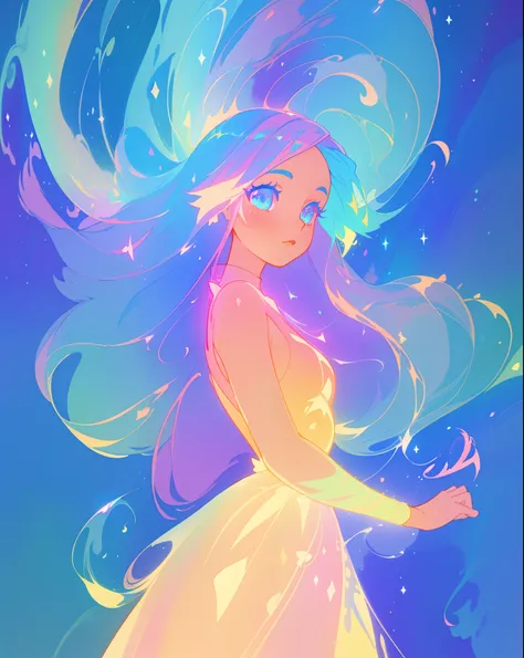 beautiful anime girl in colorful liquid dress, vibrant pastel colors, (colorful), magical lights, colorful long hair made of liquid light, sparkling lines of light, inspired by Glen Keane, inspired by Lois van Baarle, disney art style, by Lois van Baarle, ...