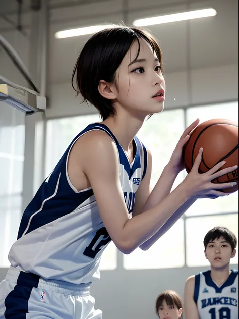 hiquality、Live-action、１girl with、Japan girl、a beauty girl、idol、12year old、Esmanium、6headed body、Brown short hair、drooing eyes、((Basketball Uniforms))、During a basketball game、Advanced sweaty、Uniform wet with sweat、basketball Venues、(((Free throw moment)))、...