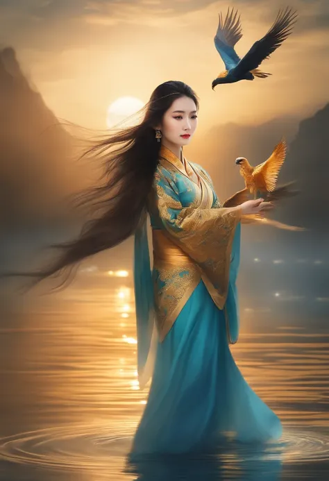 A beautiful Chinese girl standing on the water, Hazy reflections, Huge phoenix divine bird in the sky, magic, fantasy, Dynamic posture, Consists of colorful glowing flames, Delicate face, Delicate eyes, long black and golden hair, Dressed in amber and sky ...