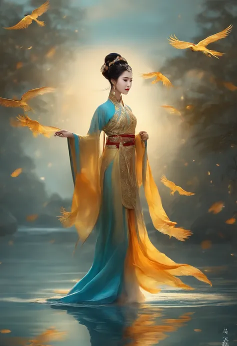 A beautiful Chinese girl standing on the water, Hazy reflections, Huge phoenix divine bird in the sky, magic, fantasy, Dynamic posture, Consists of colorful glowing flames, Delicate face, Delicate eyes, long black and golden hair, Dressed in amber and sky ...