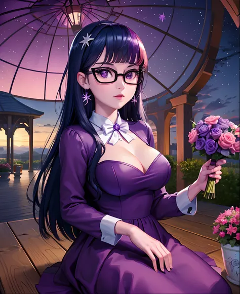 Twilight Sparkle, twilight Sparkle from my little pony, twilight Sparkle in the form of a girl, in a purple dress, big breasts, lush breasts, voluminous breasts, elastic breasts, closed breasts, in a garden, star earrings, evening, purple dress, long sleev...